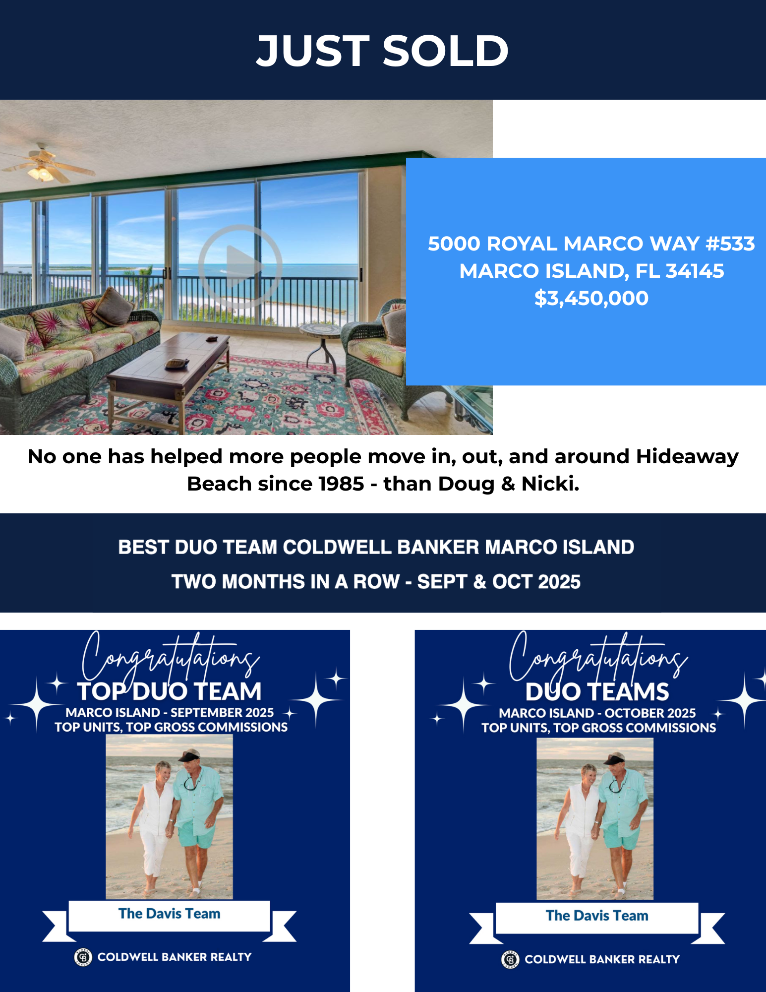 Real estate ‘Just Sold’ announcement for a beachfront condo at 5000 Royal Marco Way #533 in Marco Island, Florida, priced at $3,450,000. The flyer features a photo of an enclosed lanai overlooking the ocean, tropical-style furniture, and promotional text highlighting Doug and Nicki as top Coldwell Banker Marco Island agents for September and October 2025, along with images of a smiling couple walking on the beach representing The Davis Team.